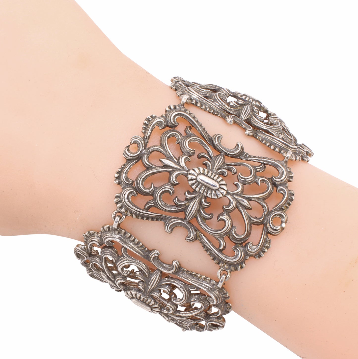 Sterling Silver Wide Scrollwork Bracelet Worn