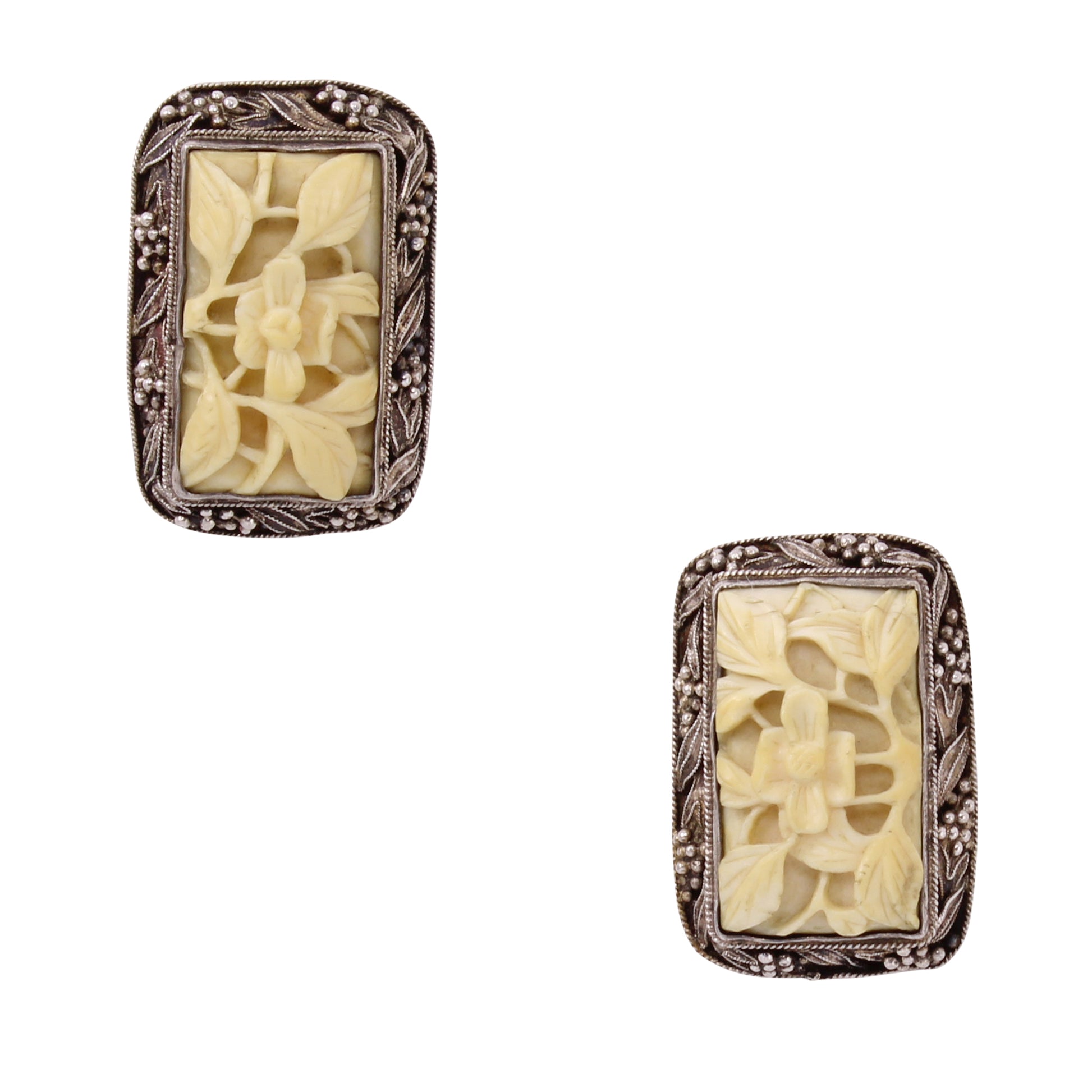 China Export Silver Carved Floral Earrings Front