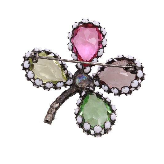 Colorful Rhinestone Four Leaf Clover Shamrock Pin Brooch Back
