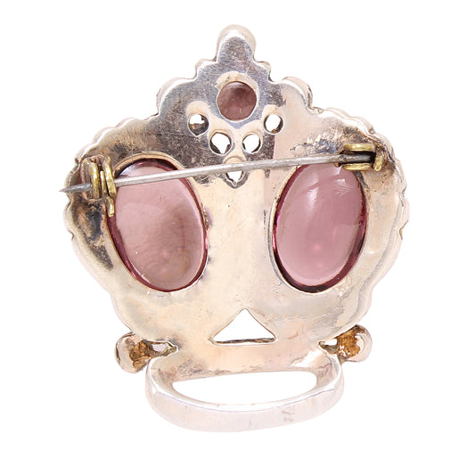 Amethyst Glass Cabochon and Rhinestone Sterling Vermeil Crown Pin Back