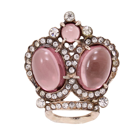 Amethyst Glass Cabochon and Rhinestone Sterling Vermeil Crown Pin Front