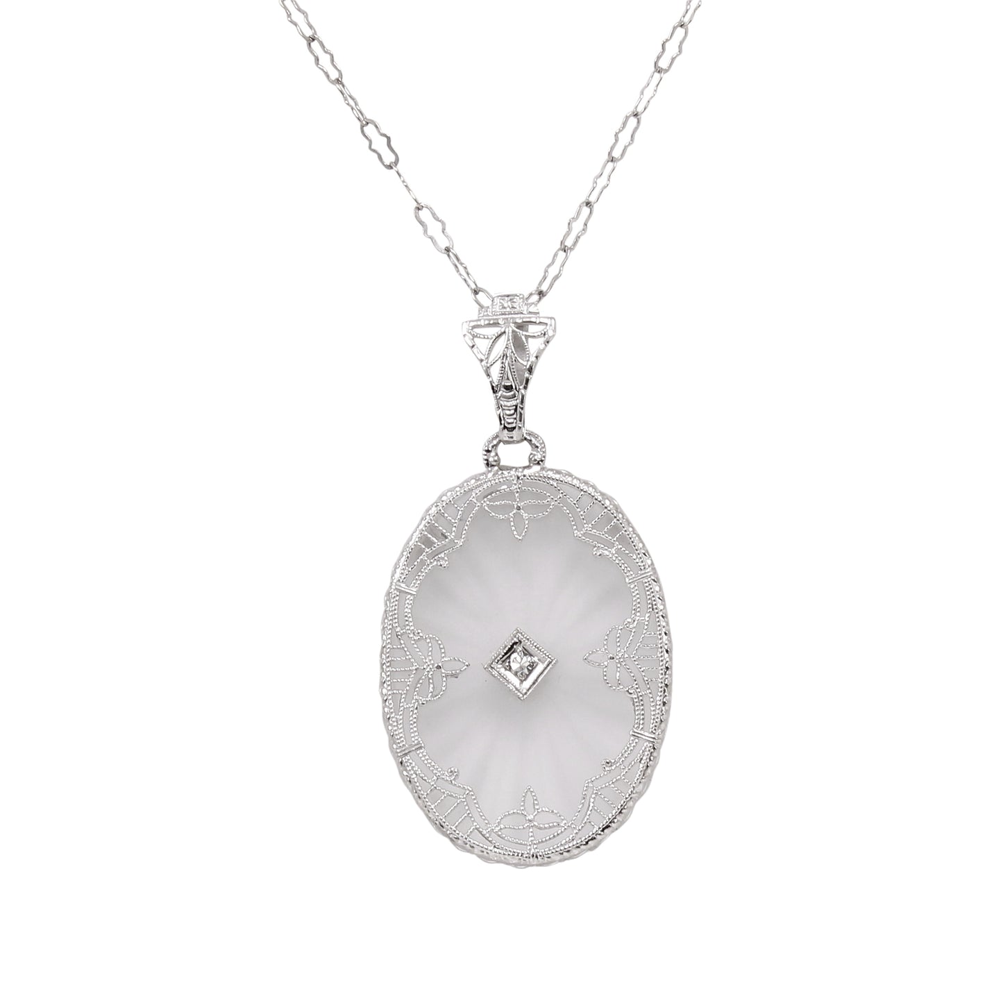 Art Deco 14k White Gold Filigree Diamond Pendant Necklace Front