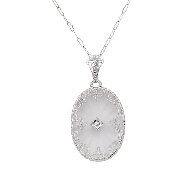 Art Deco 14k White Gold Filigree Diamond Pendant Necklace Front