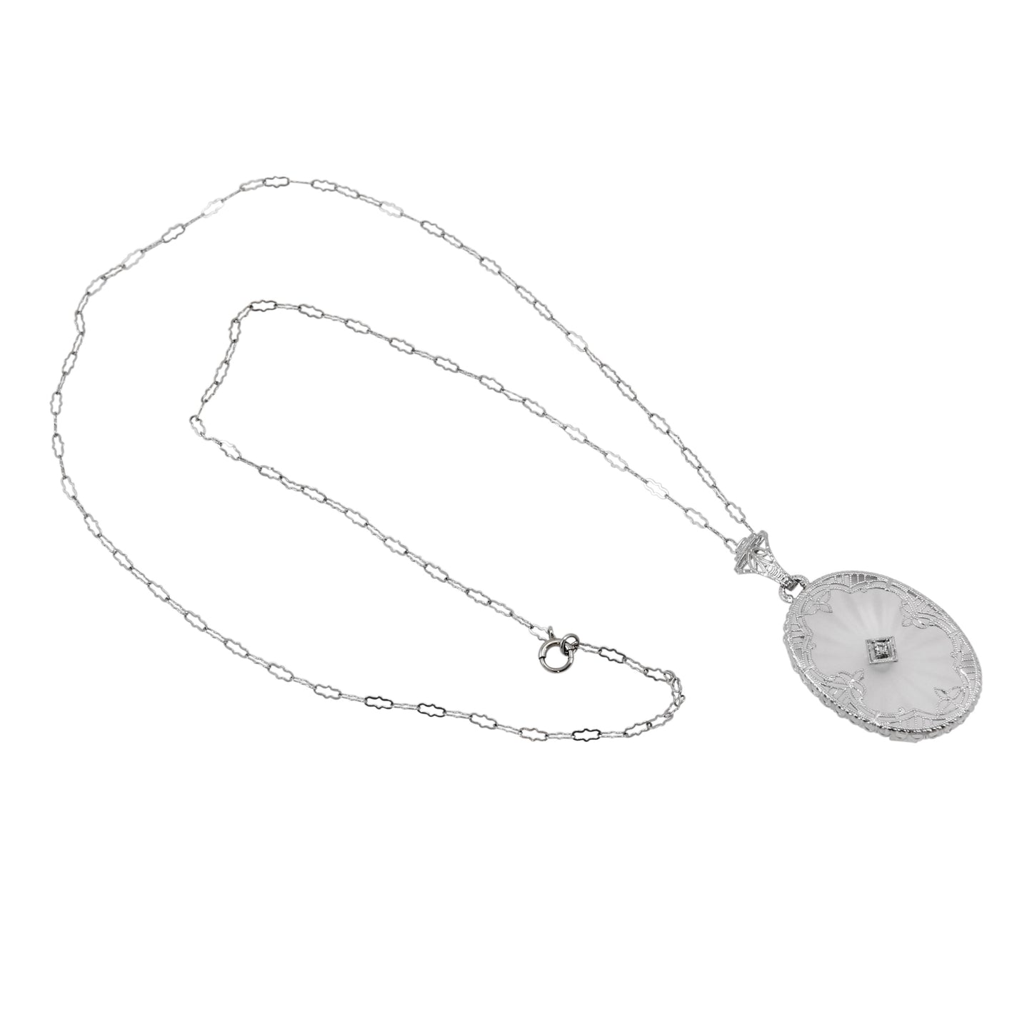 Art Deco 14k White Gold Filigree Diamond Pendant Necklace Full