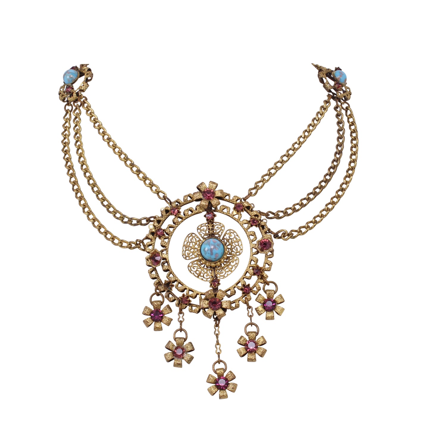 Czechoslovakia Turquoise Glass and Amethyst Rhinestone Festoon Necklace Front