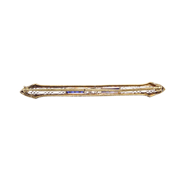 Art Deco 14k Diamond Sapphire Pin Brooch Back