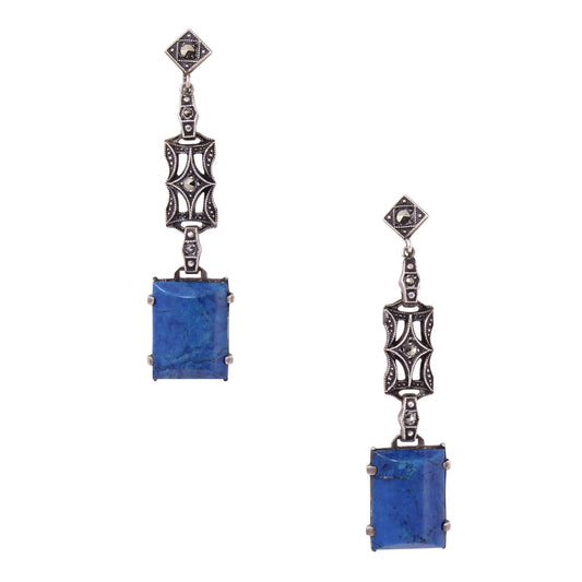 Art Deco Sterling Silver Blue Agate and Marcasite Earrings