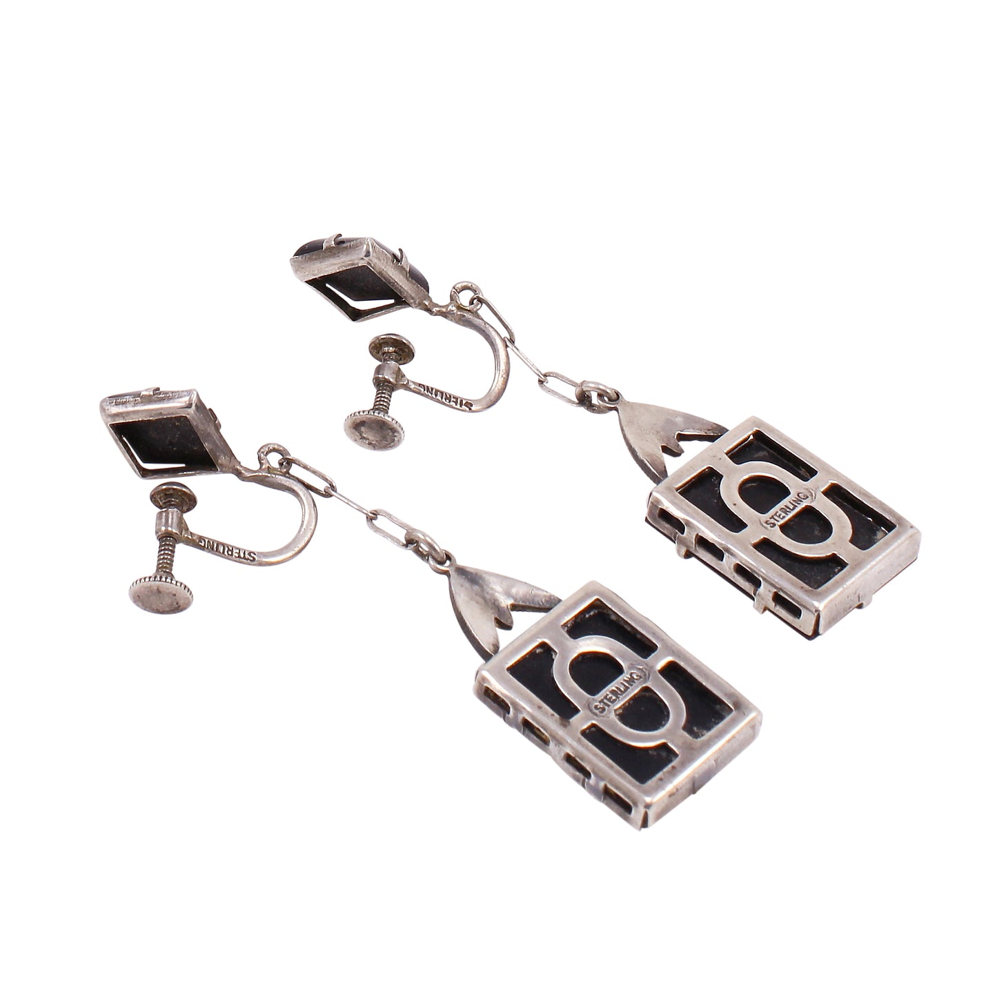 Art Deco Onyx Sterling Earrings Back