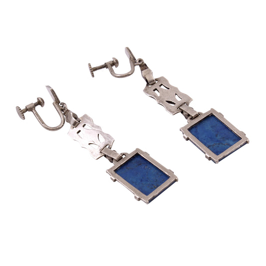 Art Deco Sterling Silver Blue Agate and Marcasite Earrings