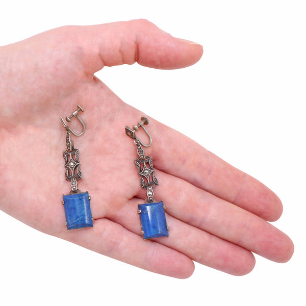 Art Deco Sterling Silver Blue Agate and Marcasite Earrings