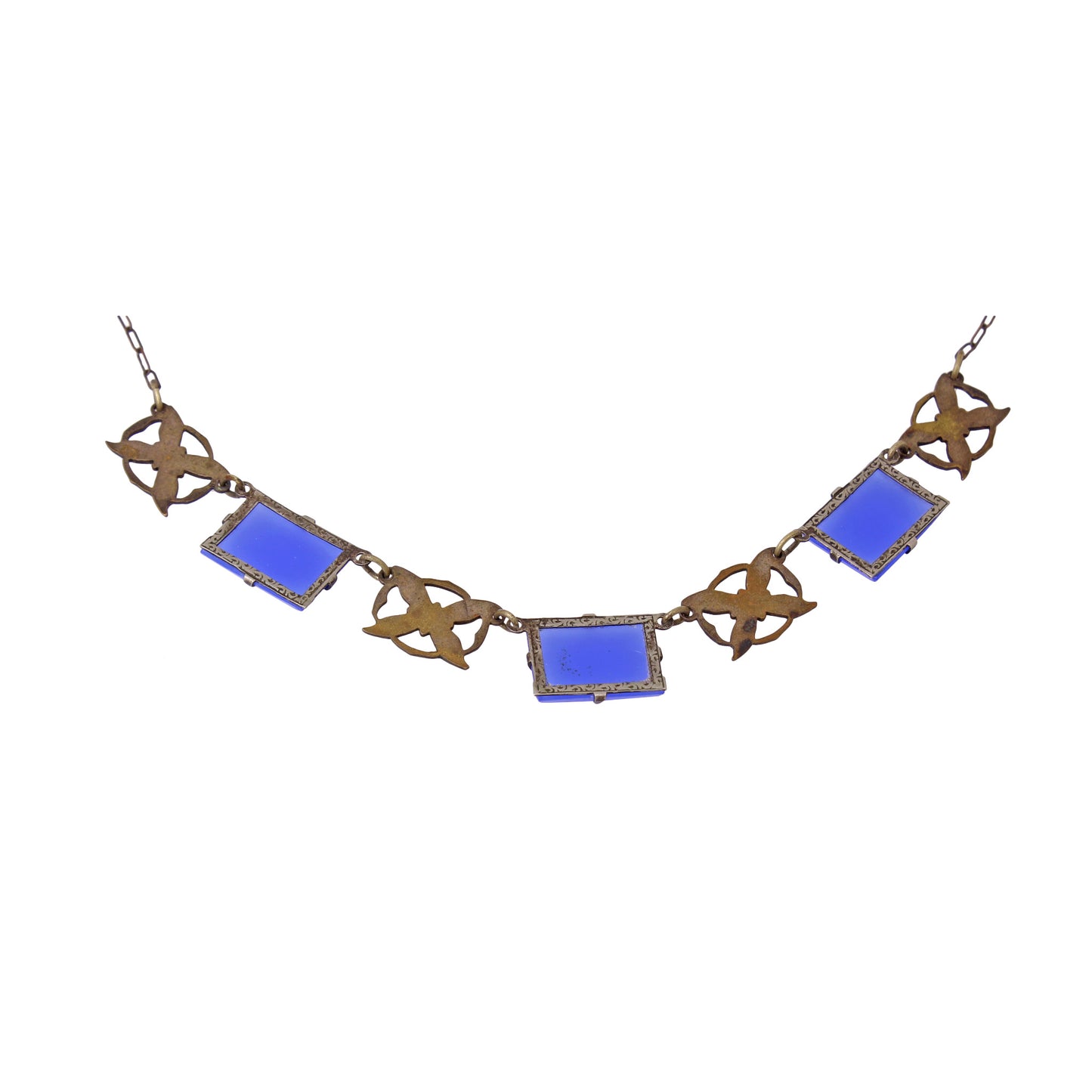 Blue Chalcedony Glass Art Deco Brass Necklace