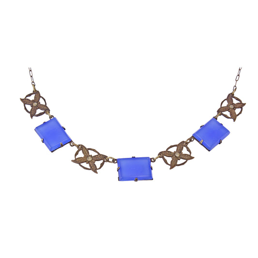 Blue Chalcedony Glass Art Deco Brass Necklace