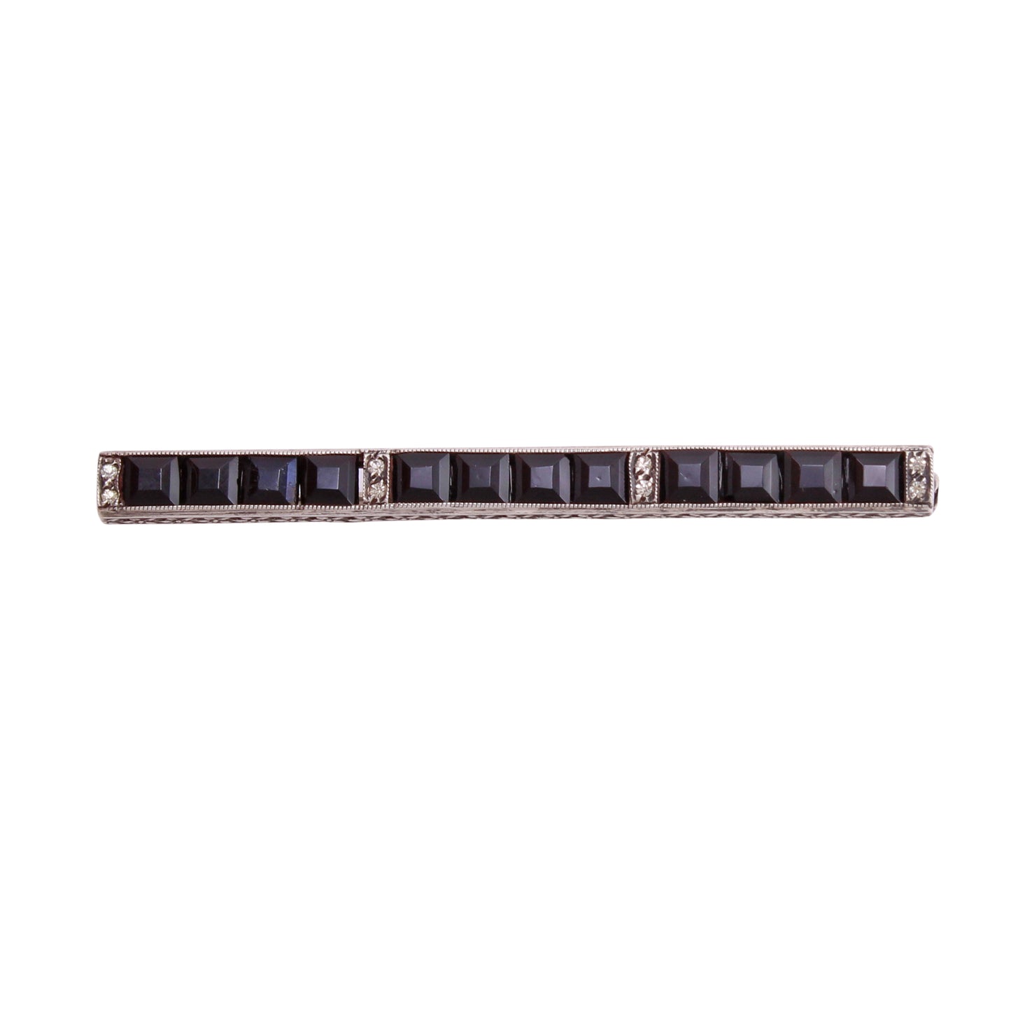 Art Deco Black Rhinestone Sterling Bar Pin Brooch Front