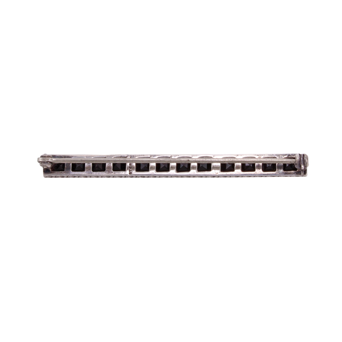 Art Deco Black Rhinestone Sterling Bar Pin Brooch Back