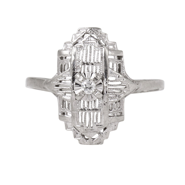 Art Deco Diamond 14k White Gold Filigree Ring Front