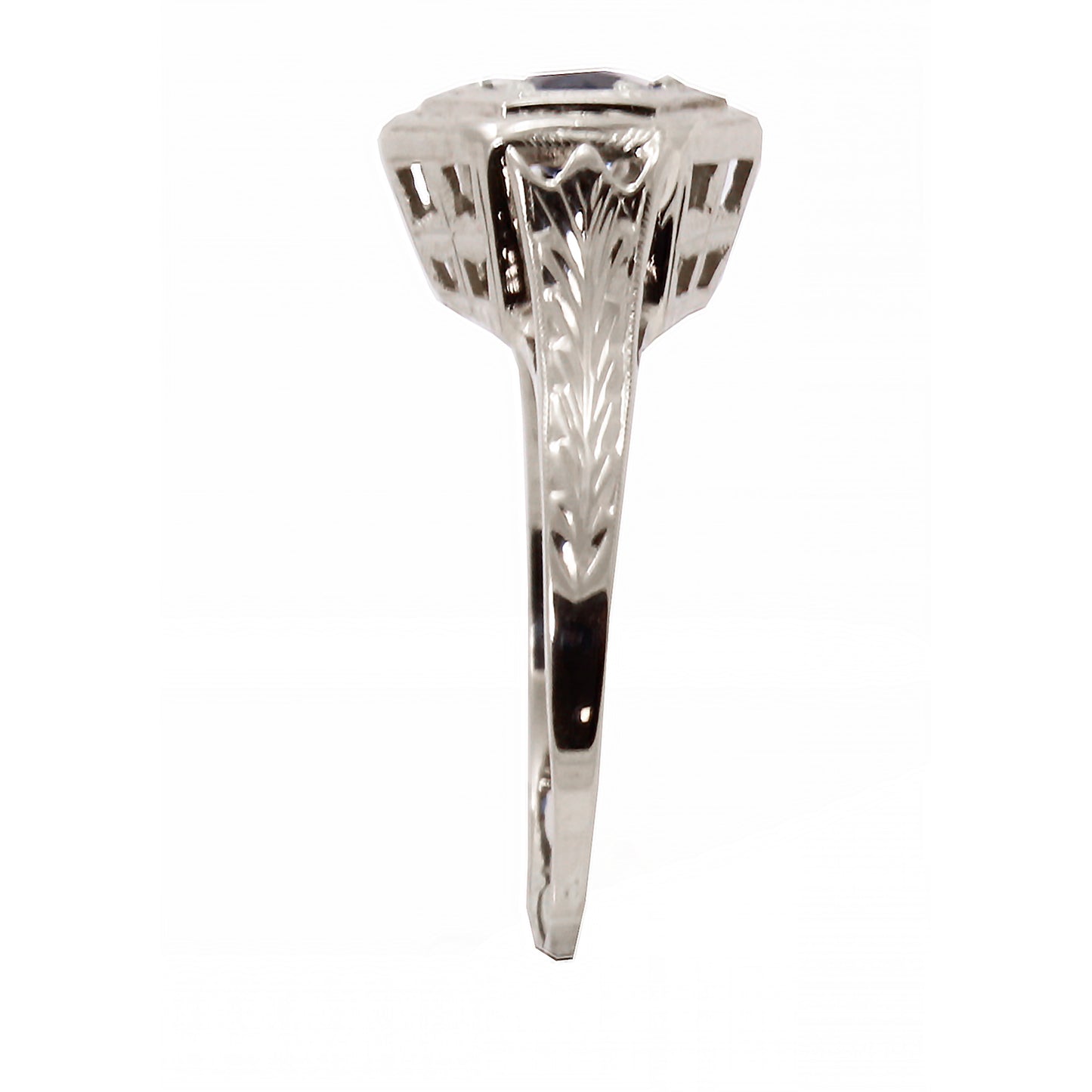 Art Deco Natural Sapphire 14k White Gold Filigree Ring Side
