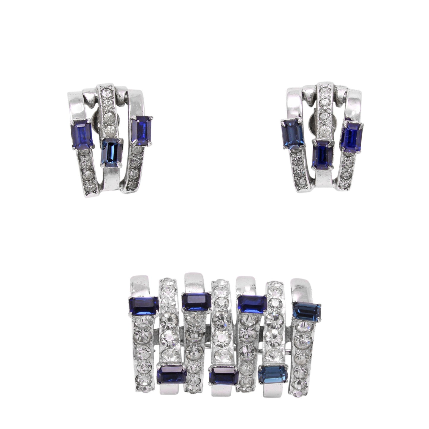 DeRosa Sterling and Sapphire Blue Rhinestone Pin/Brooch and Earrings Front