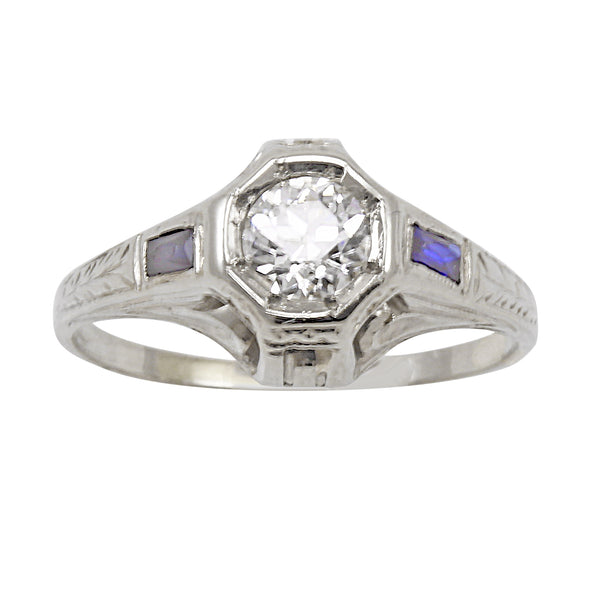 Art Deco Belais 14k Gold Diamond and Sapphire Ring Front