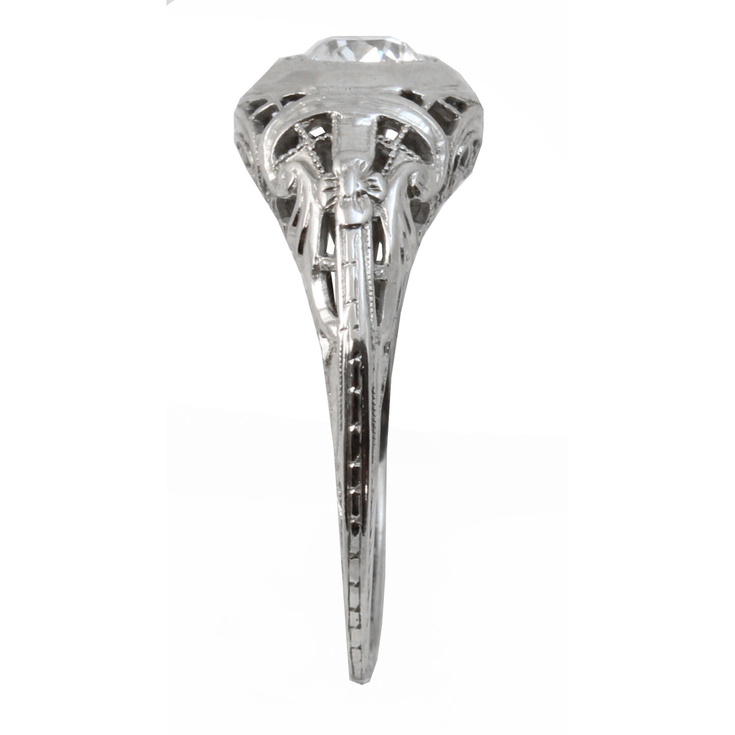 Art Deco Vintage .42 ct Diamond & 14k White Gold Filigree Ring Side