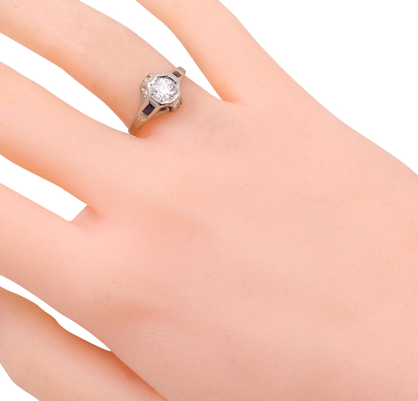 Art Deco Belais 14k Gold Diamond and Sapphire Ring Worn
