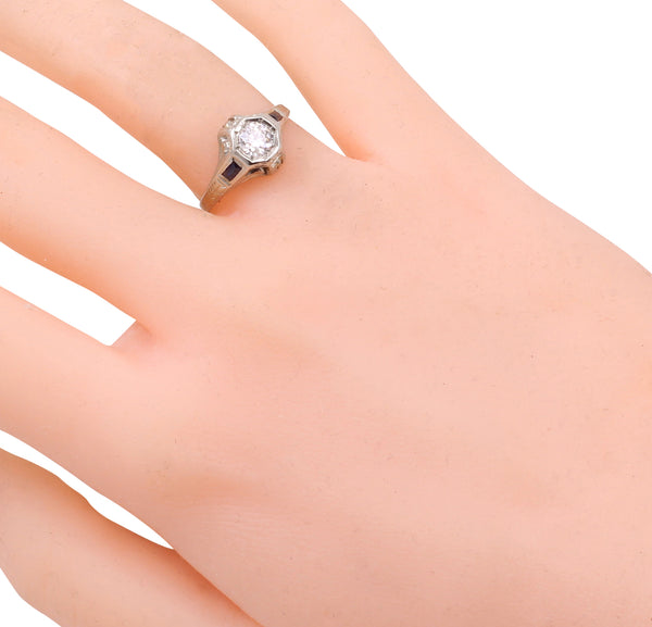 Art Deco Belais 14k Gold Diamond and Sapphire Ring Worn