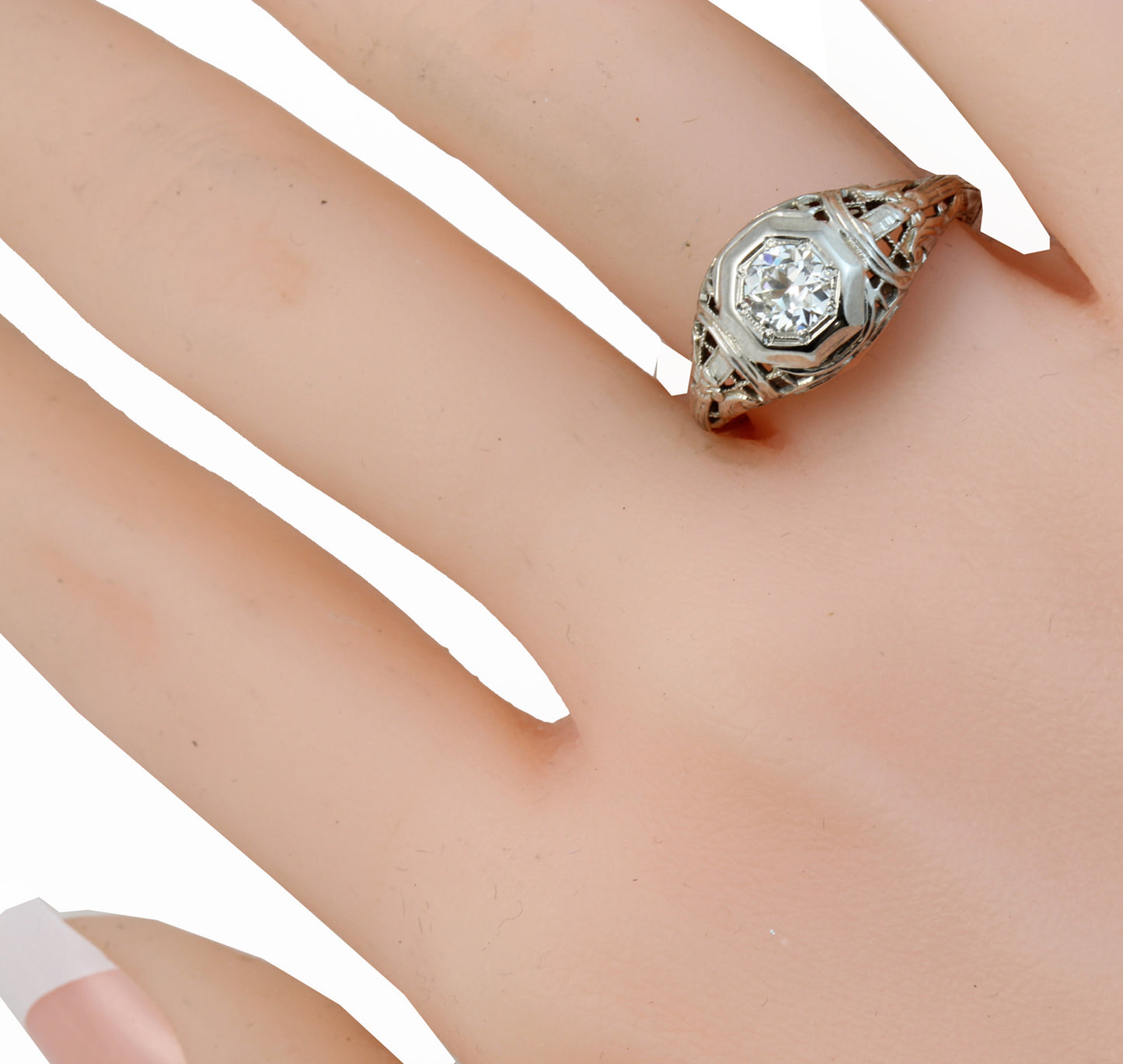 Art Deco Vintage .42 ct Diamond & 14k White Gold Filigree Ring Worn