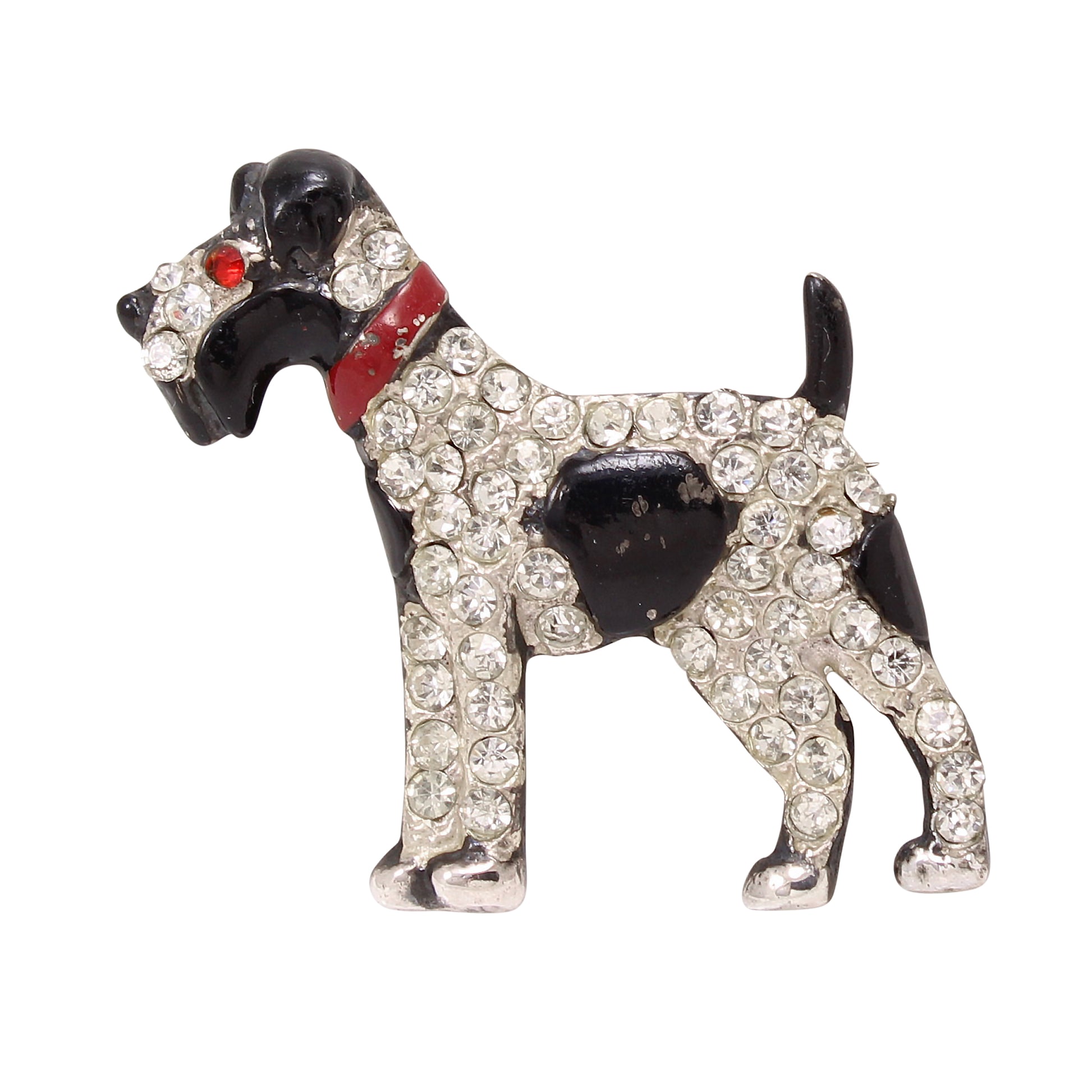 Vintage Rhinestone & Enamel Sterling Terrier Pin Front