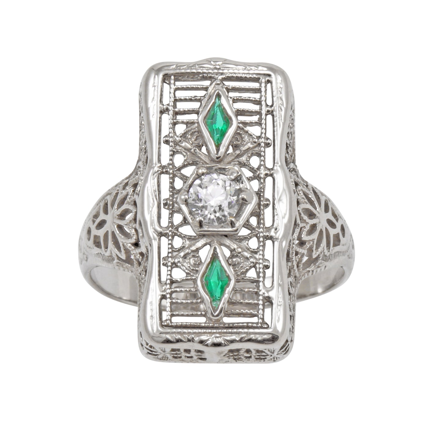 Emerald and Diamond 14k White Gold Filigree Ring Front