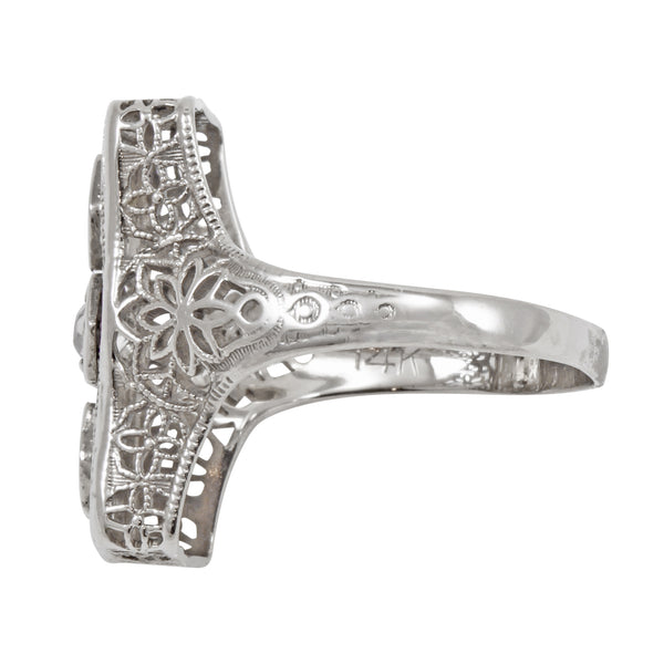 Emerald and Diamond 14k White Gold Filigree Ring Side