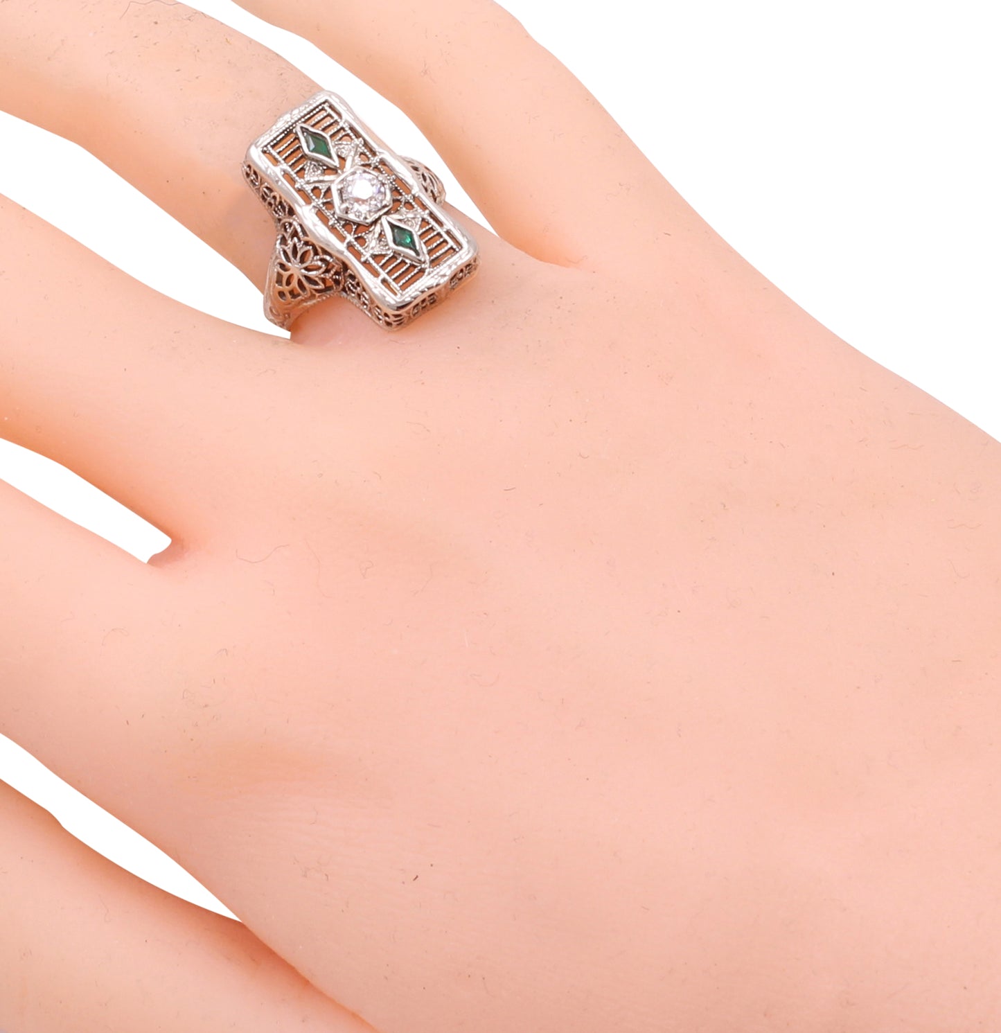Emerald and Diamond 14k White Gold Filigree Ring Worn