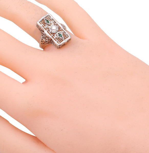 Emerald and Diamond 14k White Gold Filigree Ring Worn