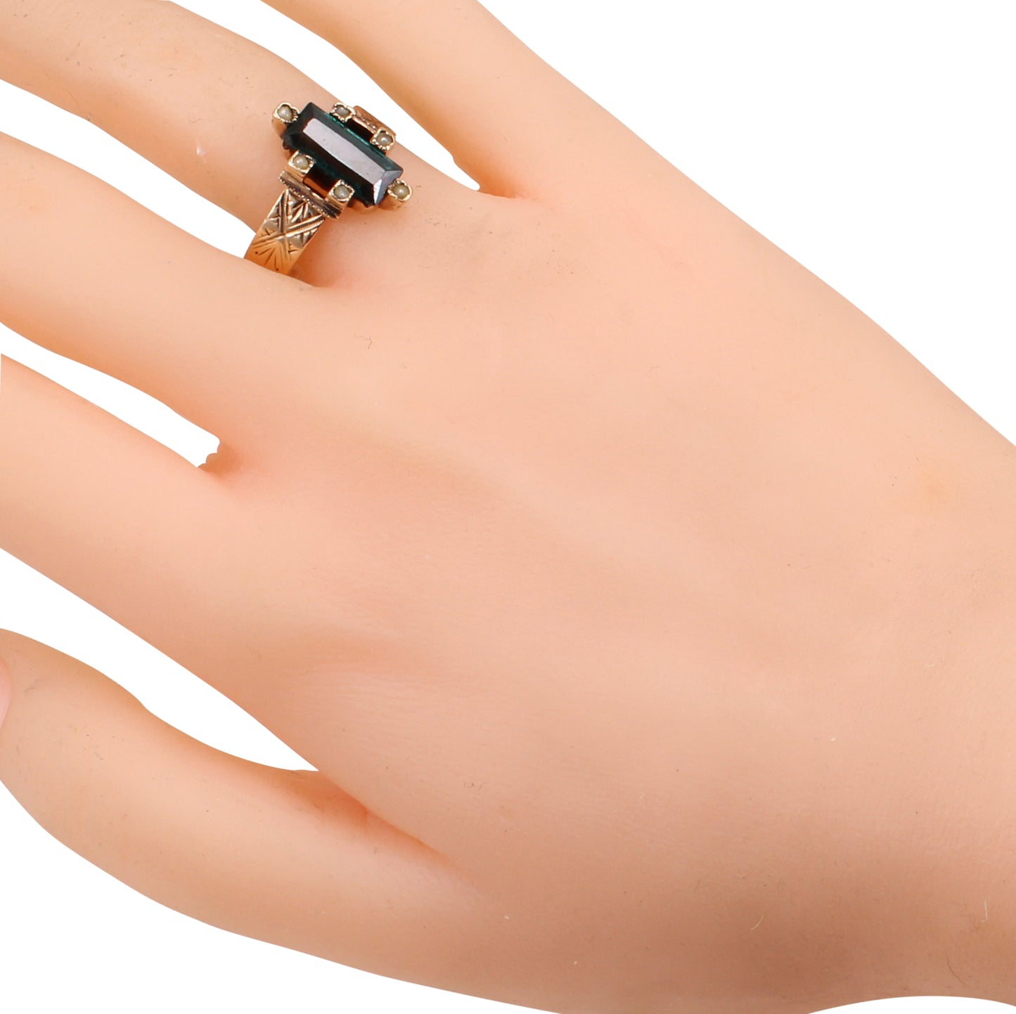 Victorian 14k Syn. Emerald and Pearl Ring Worn
