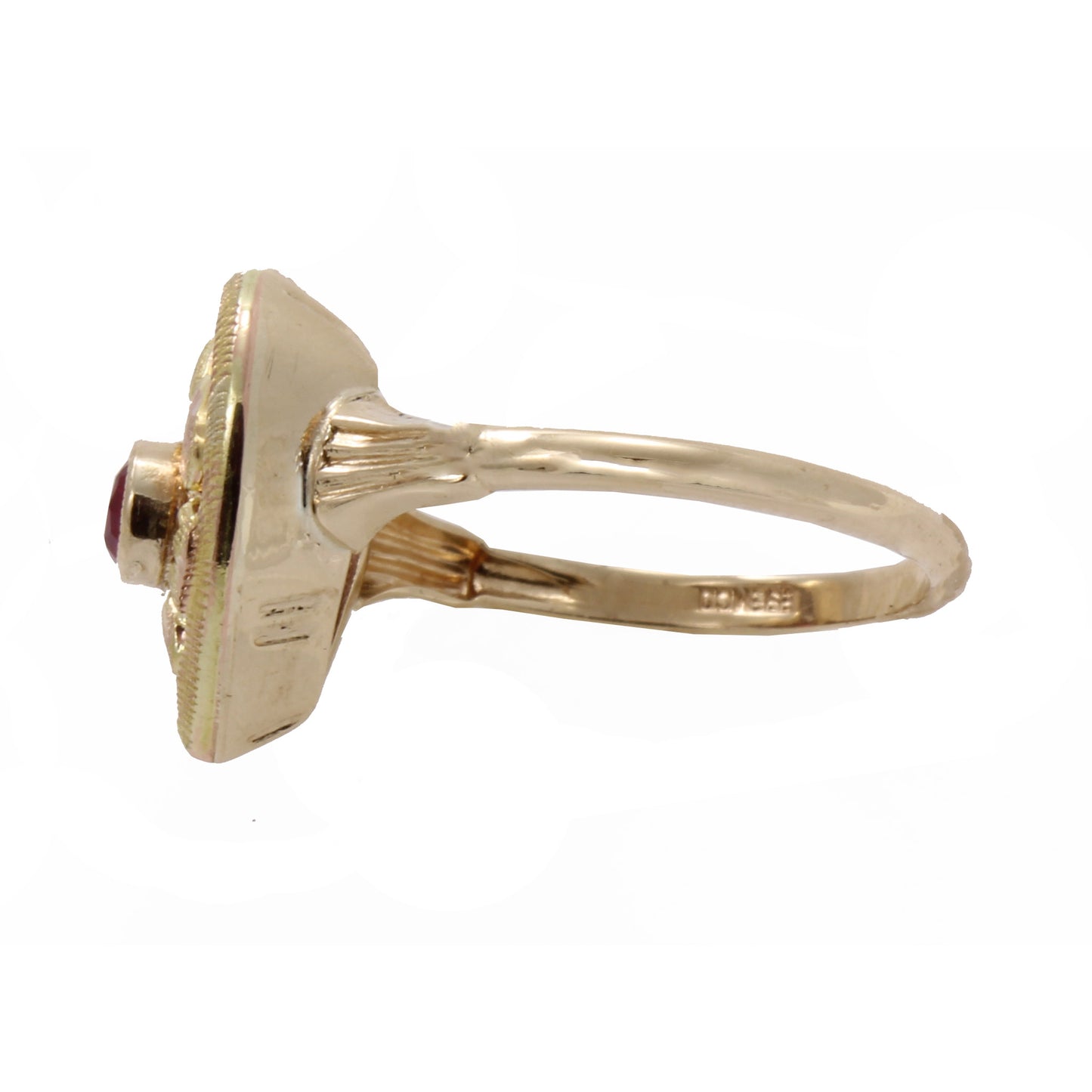 Vintage 10k Rose and Yellow Gold Lab Ruby Heart Ring Side