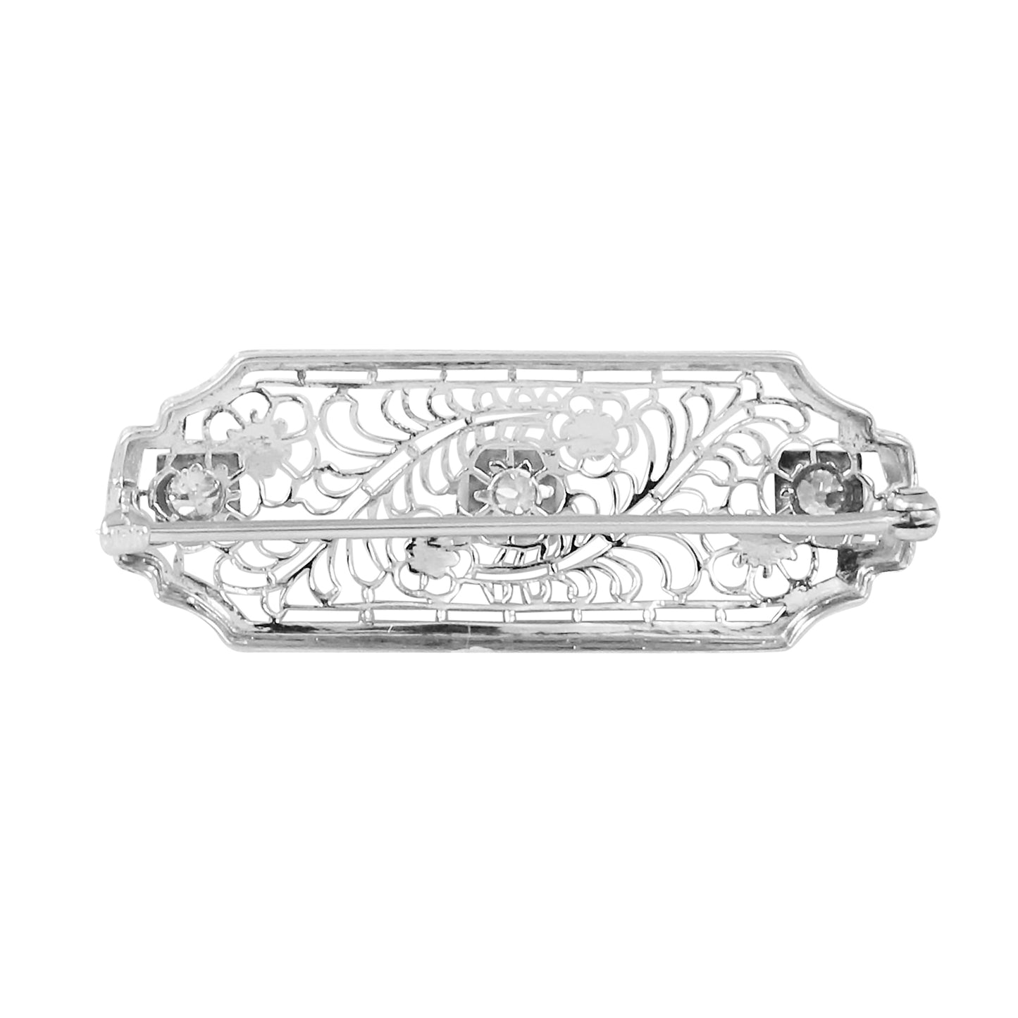 Floral 10k White Gold Filigree and Diamond Pin