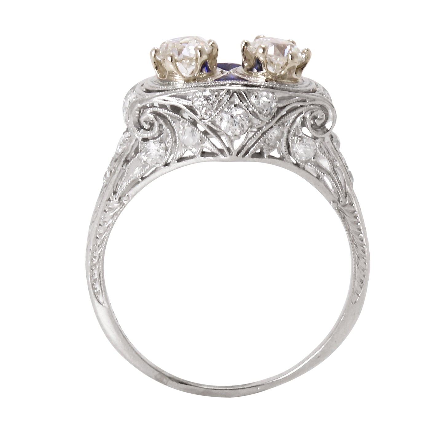 Art Deco Platinum Filigree 1.16 cttw Diamond and Sapphire Ring Side