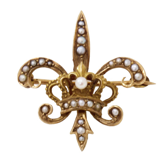 Antique Pearl Fleur de Lis 10k Yellow Gold Watch Pin Front