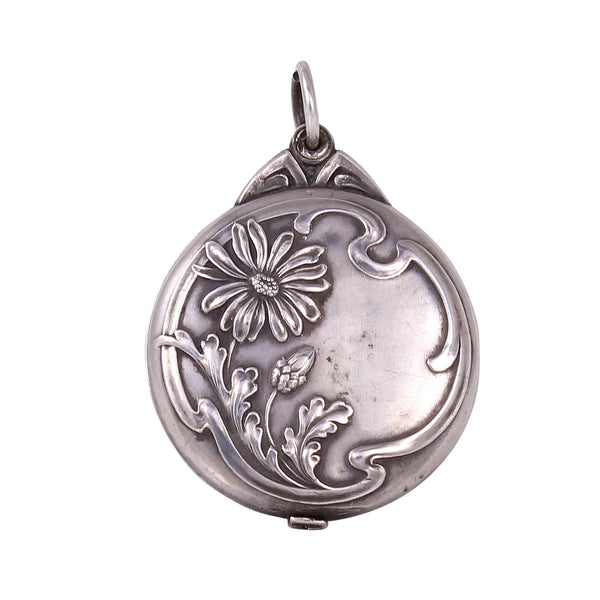 Jugendstil Art Nouveau Silver Flower Mirror Locket Pendant Back