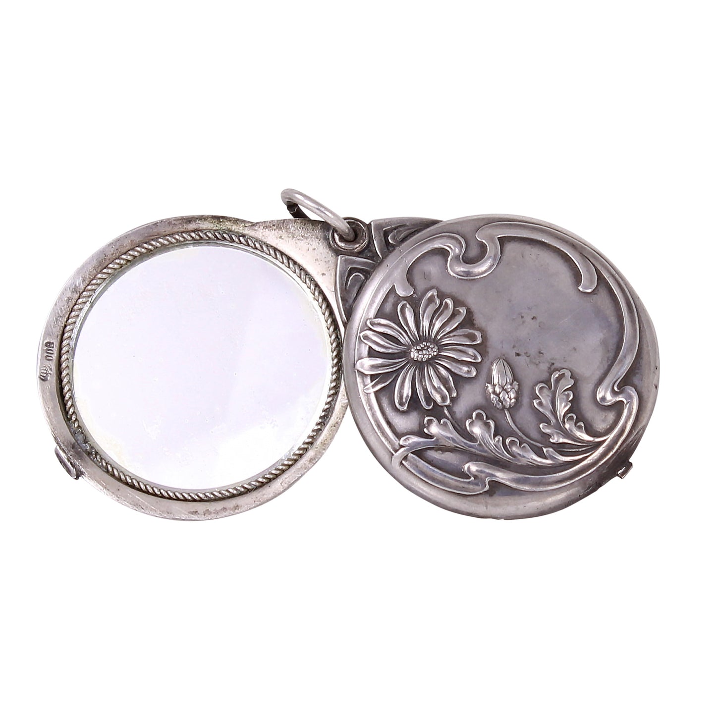 Jugendstil Art Nouveau Silver Flower Mirror Locket Pendant Open