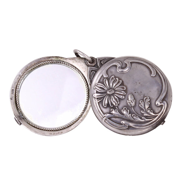 Jugendstil Art Nouveau Silver Flower Mirror Locket Pendant Open