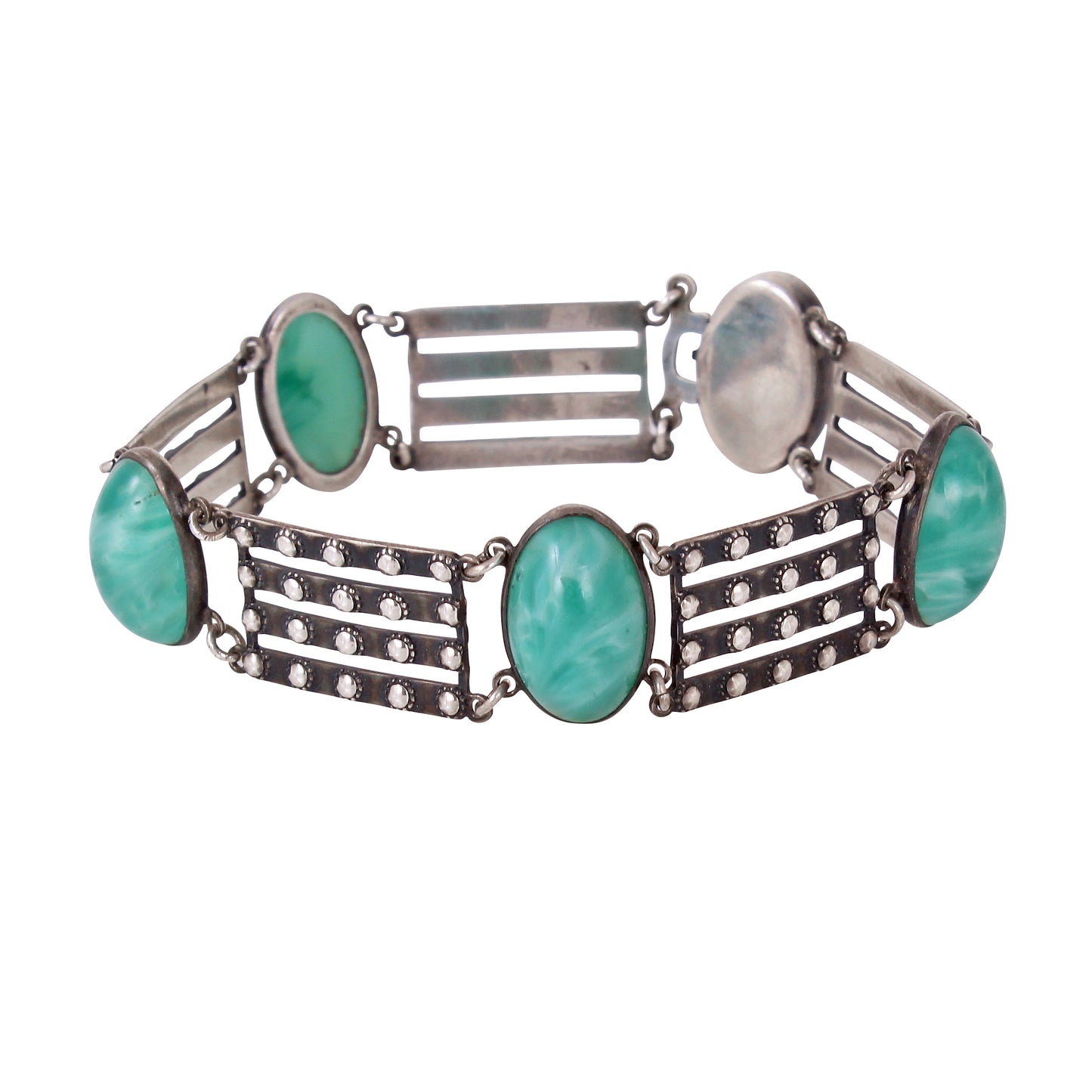 Sterling Silver Green Satin Glass Cabochon Bracelet