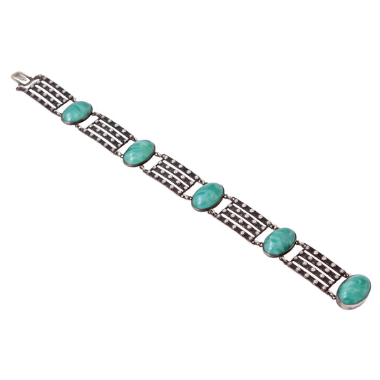 Sterling Silver Green Satin Glass Cabochon Bracelet Front