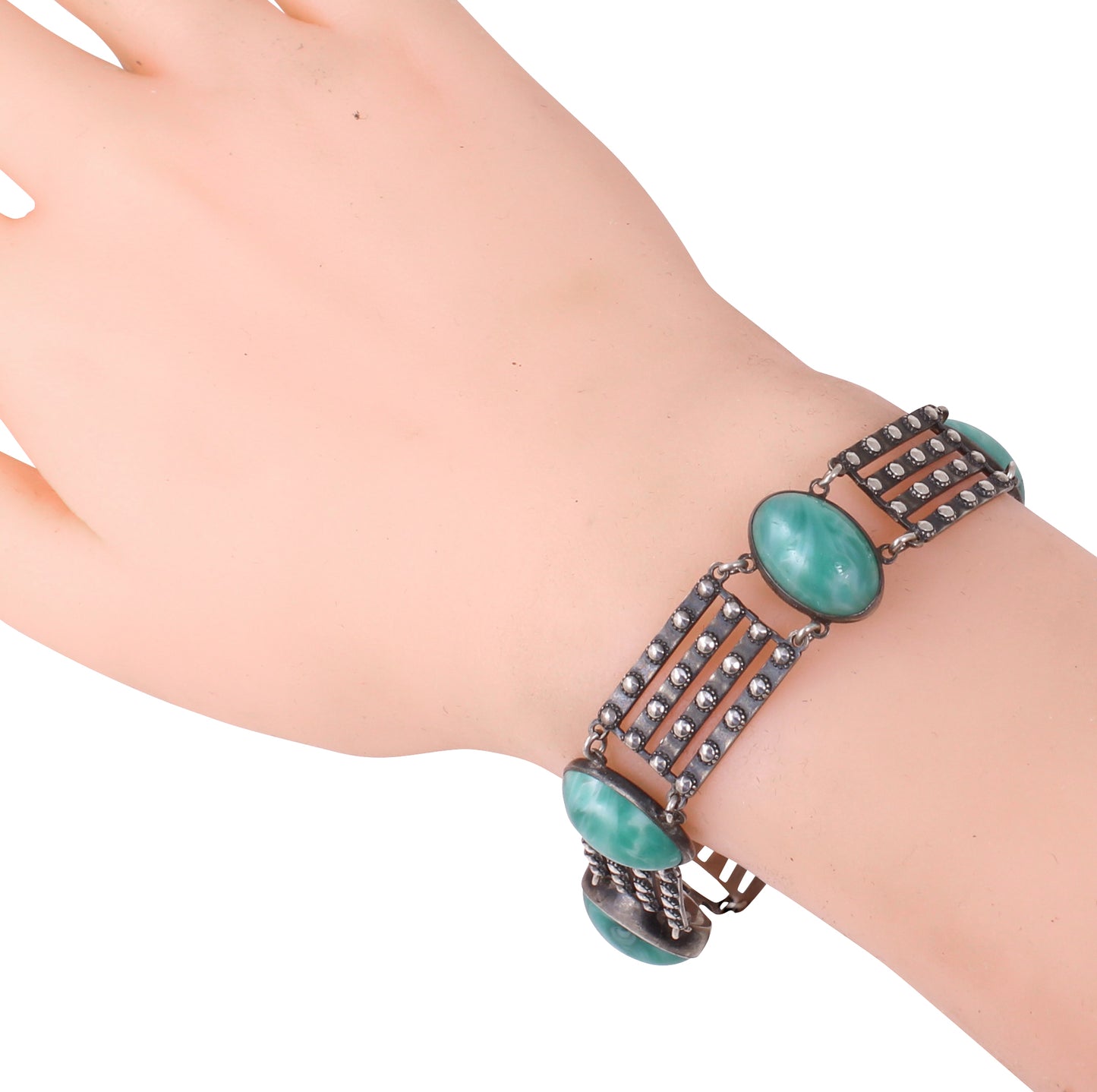 Sterling Silver Green Satin Glass Cabochon Bracelet Worn