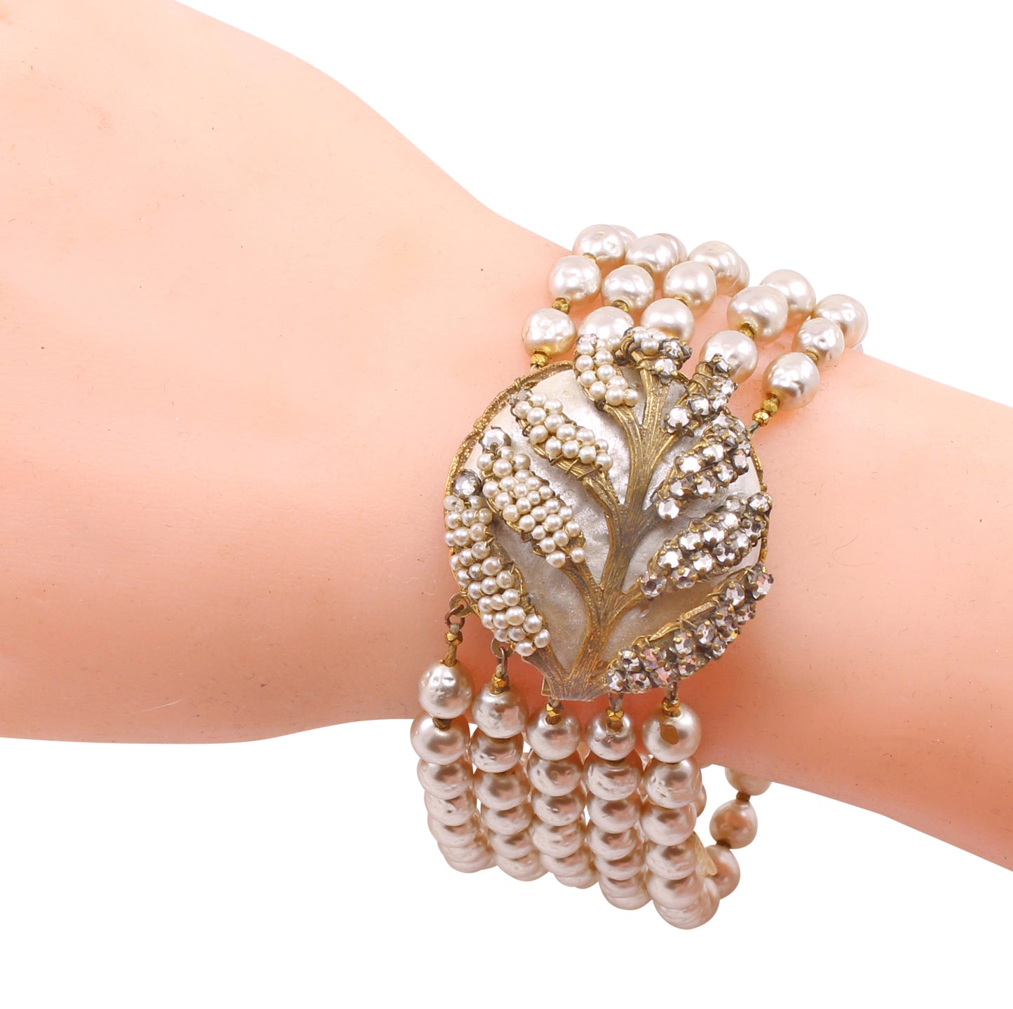 Miriam Haskell Vintage Glass Pearl and Rhinestone Bracelet Worn
