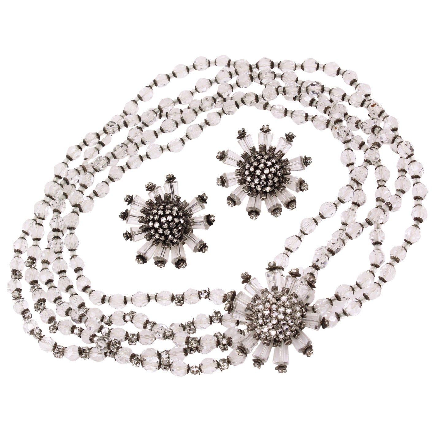 Miriam Haskell Crystal Bead and Rhinestone Necklace and Earrings Front