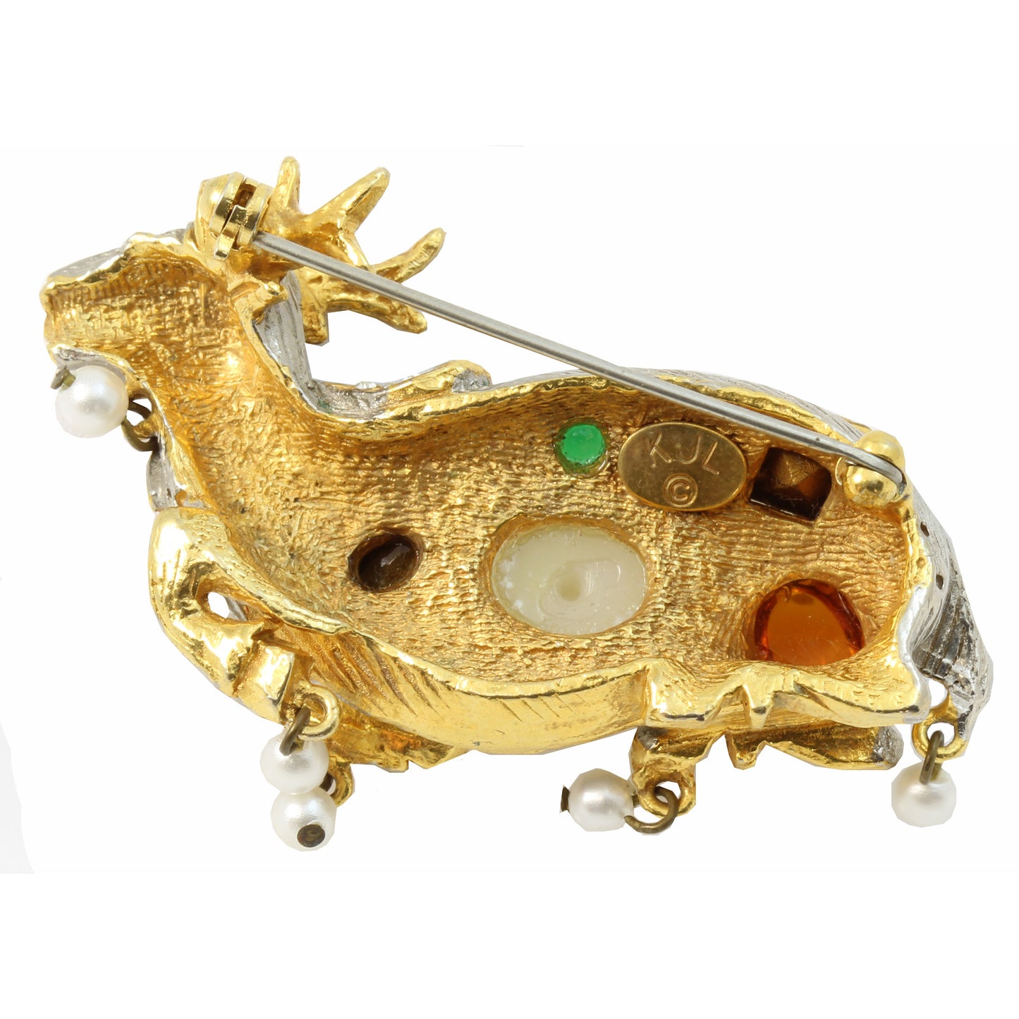 Vintage Kenneth J. Lane Rhinestone and Cabochon Deer Pin/Brooch Back