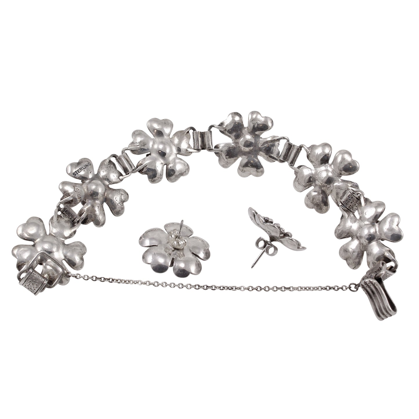 Vintage Ming's Sterling Plum Blossom Bracelet and Earrings Back