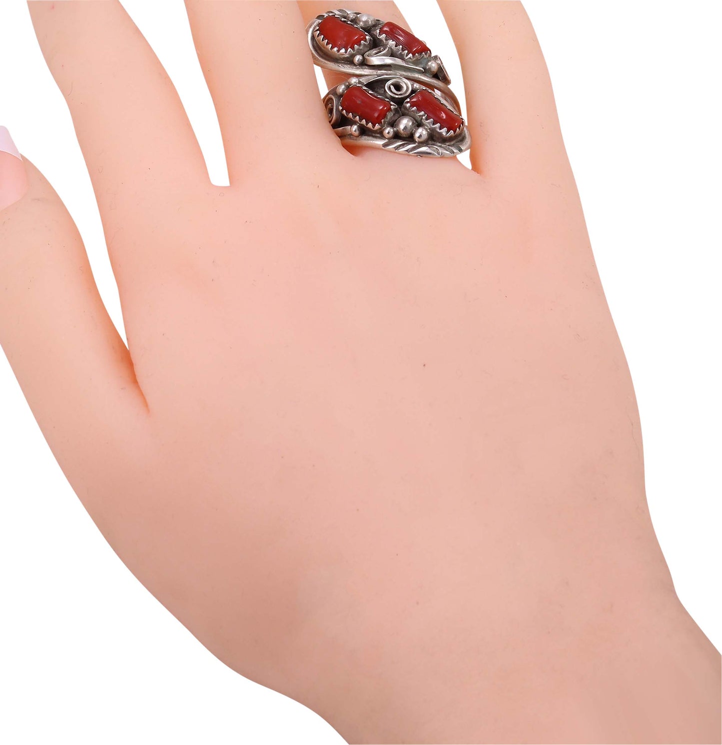 Navajo Coral and Sterling Silver Bypass Ring Worn