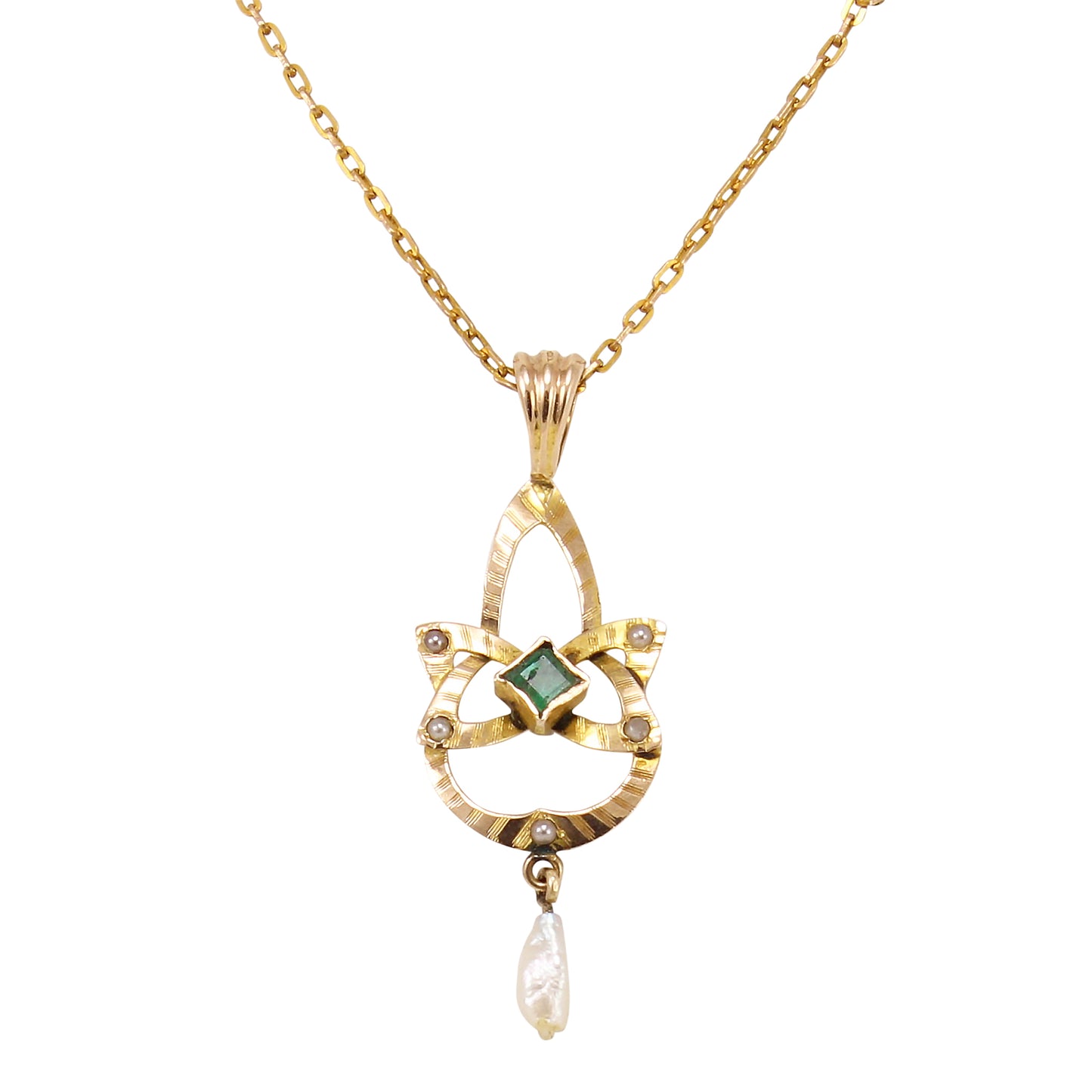Edwardian Emerald and Pearl 10k Gold Lavalier