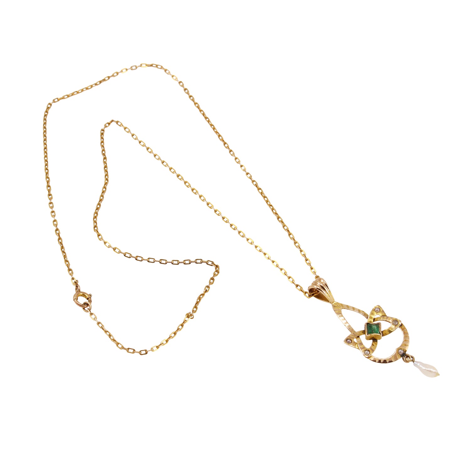 Edwardian Emerald and Pearl 10k Gold Lavalier Full