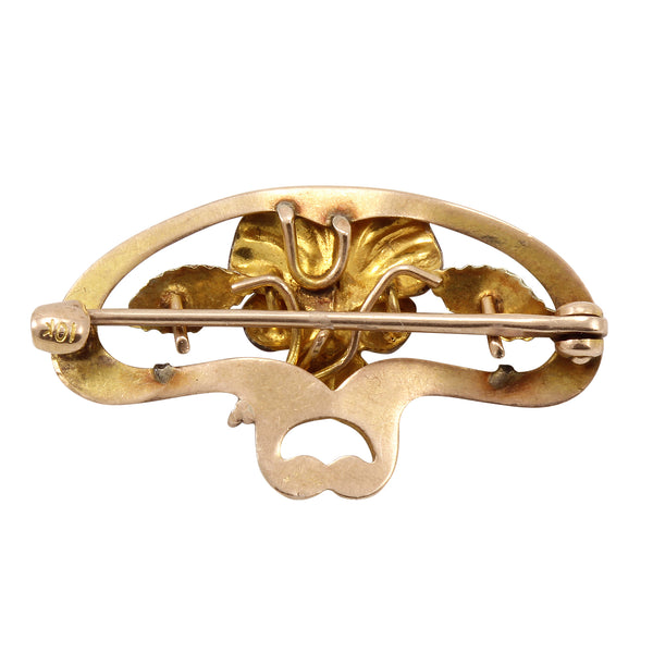 Art Nouveau 10k Gold Enamel Pansy Pin Back